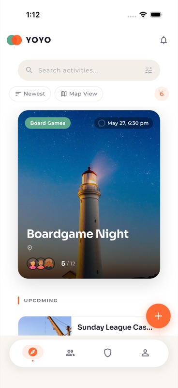 YOYO discover feed showing a Boardgame Night activity in Brisbane